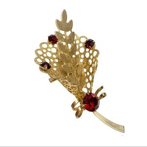 Vintage gold tone olive branch bouquet spray brooch with red rhinestones MCM